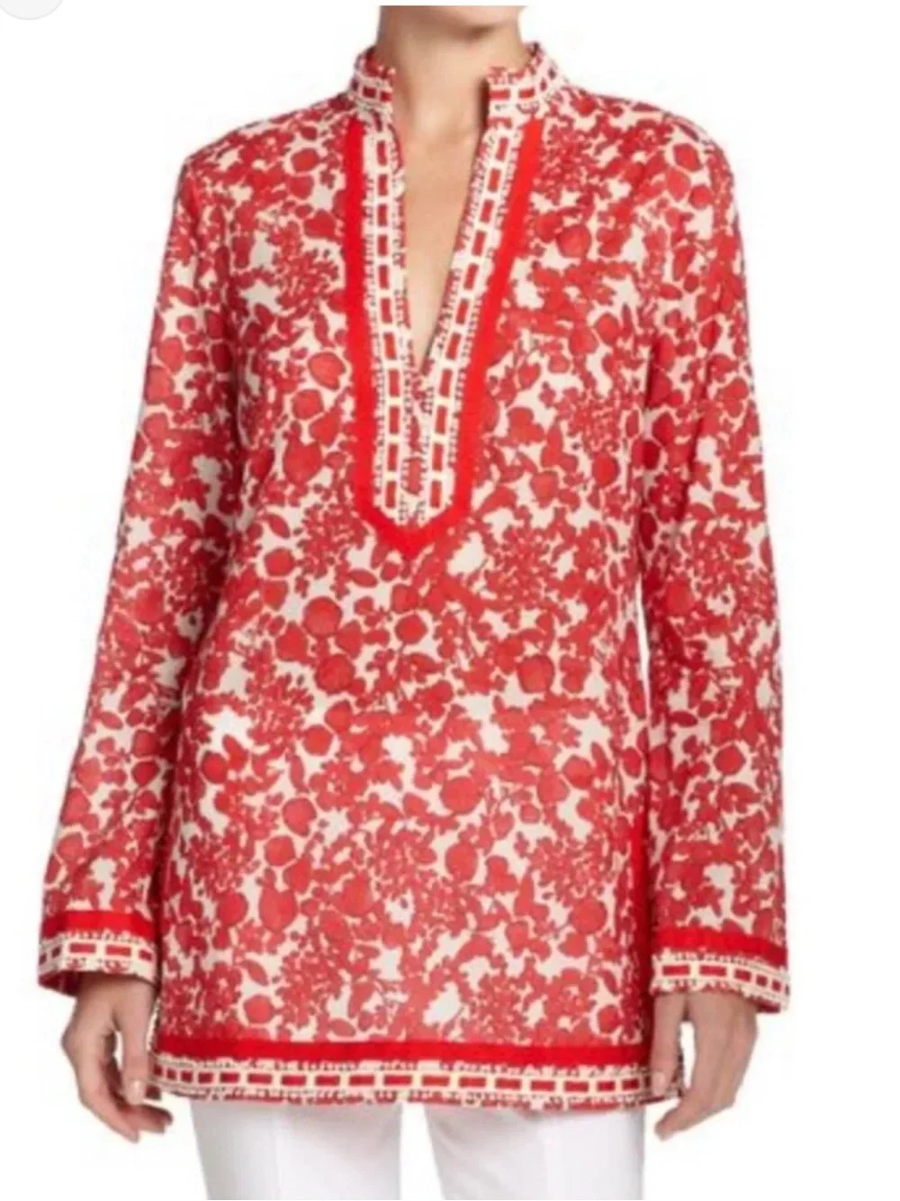 Tory Burch Womens Tunic Top Red Floral Beaded Lattice Resort Coas